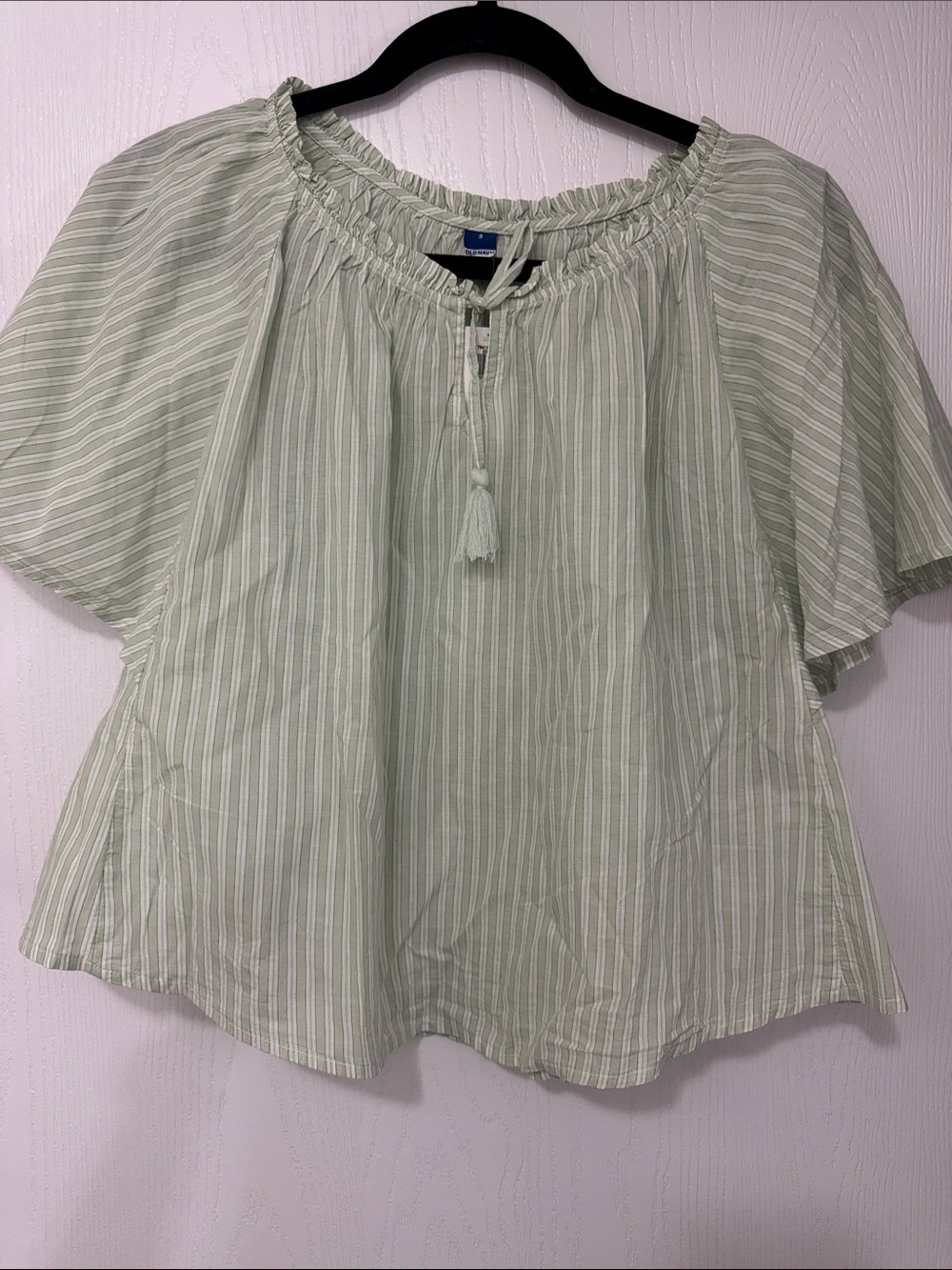Old Navy Pale Green Striped Peasant Top with Tassel Tie